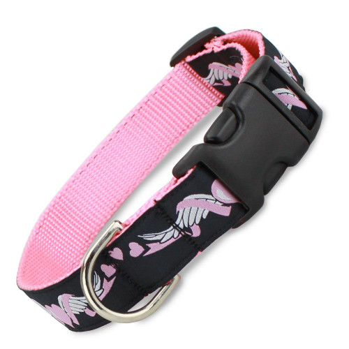 Heart with Wings Dog Collar, Angels, Quick Release Snap-on, Pink