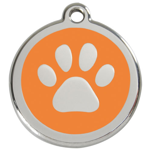 Orange dog id tag, paw print, stainless steel enameled