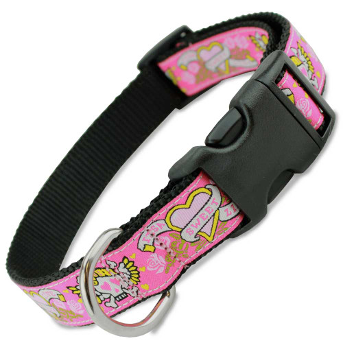 Pink Skull Dog Collar, Hot Pink with skulls, roses, banners and hearts, cute