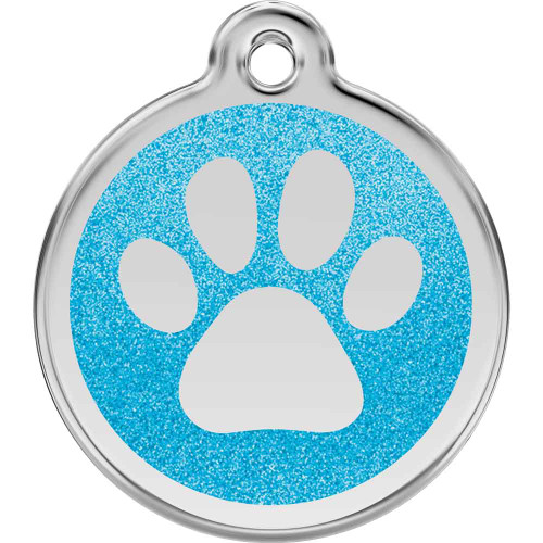 Paw Print Dog ID Tag,  Aqua Glitter Enamel Stainless Steel Name Tag