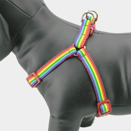 Rainbow Dog Harness, step-in style, double d-ring and buckle closure, side view