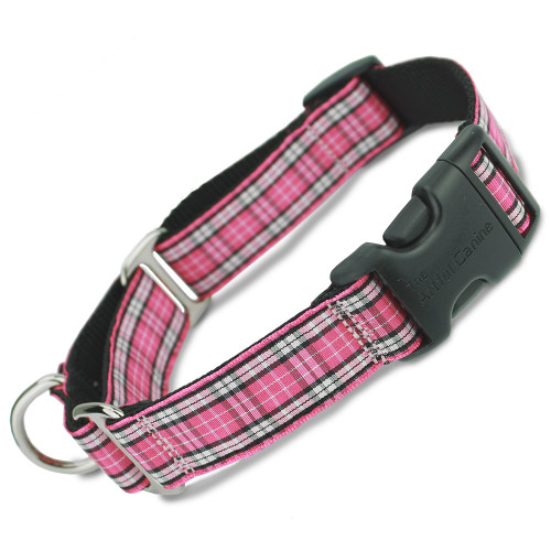 Pink Plaid buckle martingale dog collar with quick release buckle, limited slip collar