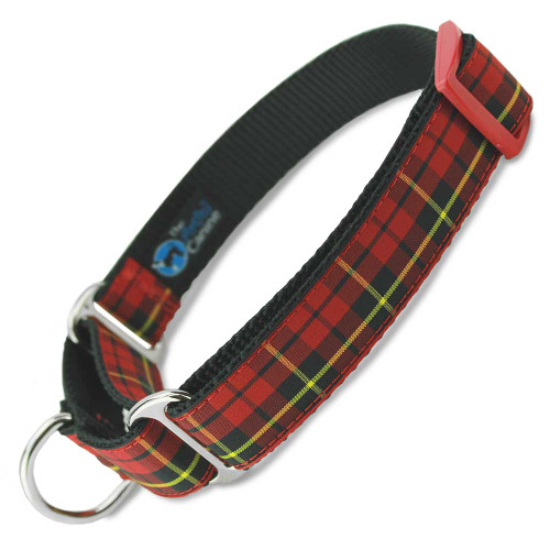 Wallace holiday martingale dog collar, red and black tartan