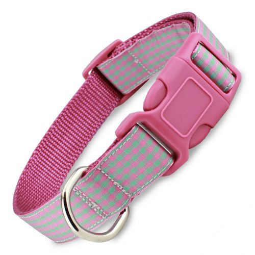 Gingham Dog Collar, Quick Release Snap On Style Buckle, Mint & Raspberry, Adjustable