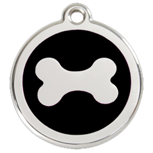Dog Bone ID Tag, Black Enameling, Stainless Steel Name Tag