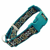 Buckle Martingale Dog Collar. Teal Damask