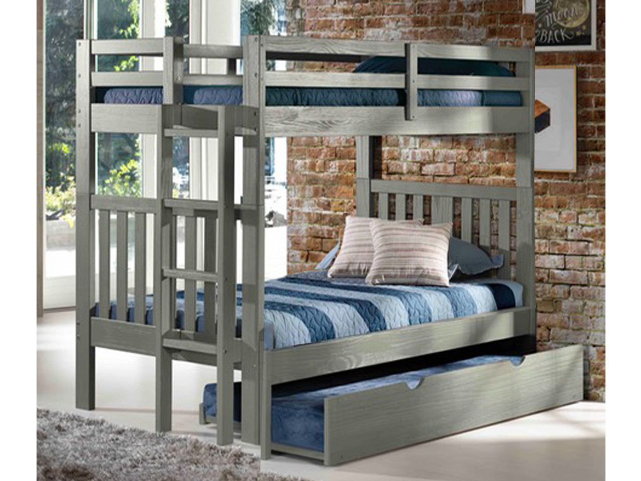 Rustic Pine Bunk Bed w/End Ladder w/Trundle, Twin/Twin Gray Brushed