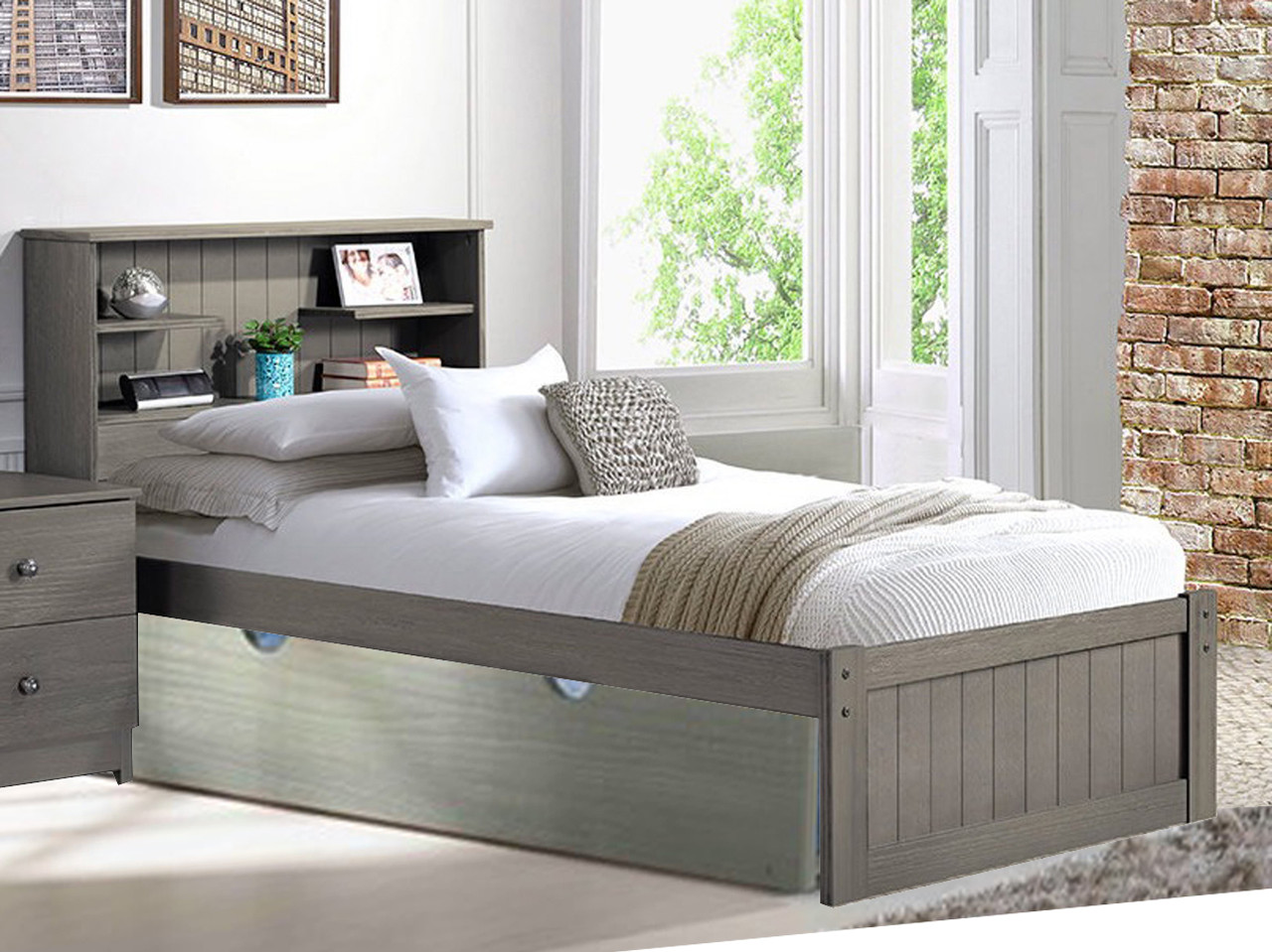Rustic Pine Bookcase Platform Bed w/Trundle, Twin XL - Gray Brushed Finish