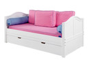 Twin Size in White with Curved Ends. Pictured with optional under bed trundle and side modesty panels. Front Guard Rail ( not pictured ) is included but can be deleted for older kids. Also available in Full Size and with storage drawers instead of trundle. Buy the Low Profile mattress at The Bedroom Source. It will be delivered same time as the bed. Special financing available.*
