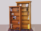 Assorted size Shaker Collection bookcases shown. Available in Oak or Birch in all of the Bedroom Source stains, paints and distressed finishes. Optional crown moulding pictured on the tallest bookcase. All sizes of bookcases now feature one fixed shelf to give the cabinet added stability and keep it perfectly square