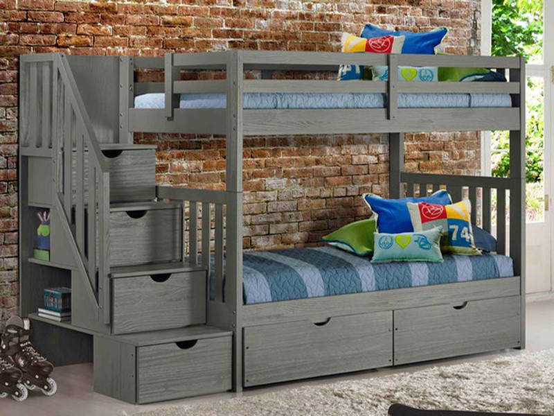 Rustic Pine Staircase Bunk Bed w/Drawers, Twin/Twin - Gray Brushed Finish