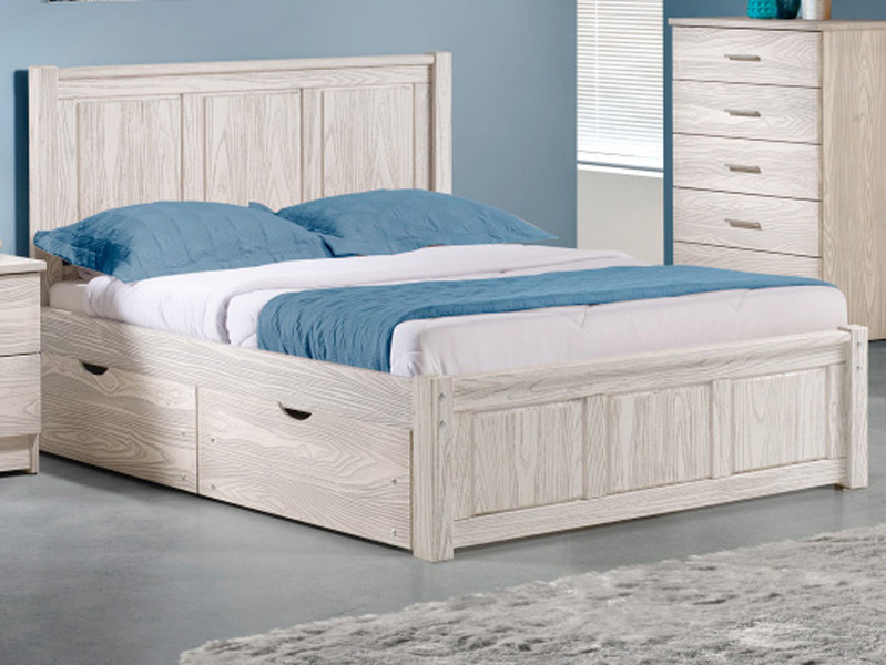 Rustic Pine Platform Bed w/Drawers, Full - White Birch Finish