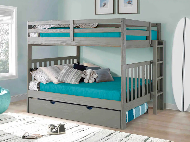 Rustic Pine Bunk Bed w/End Ladder w/Trundle, Full/Full - Gray Brushed Finish