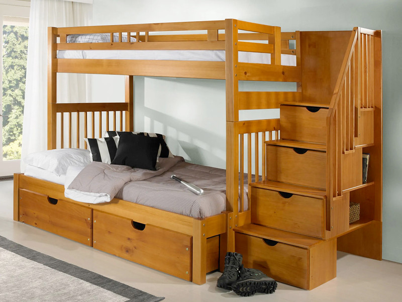 Rustic Pine Staircase Bunk Bed, Twin/Full - Pecan Finish
