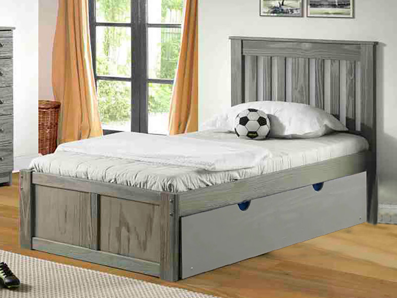 Rustic Pine Slatted Platform Bed w/Trundle, Twin - Gray Brushed Finish