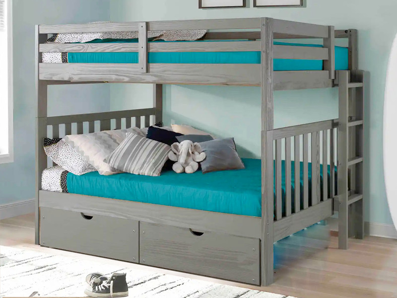 Rustic Pine Bunk Bed w/End Ladder w/Drawers, Full/Full - Gray Brushed Finish