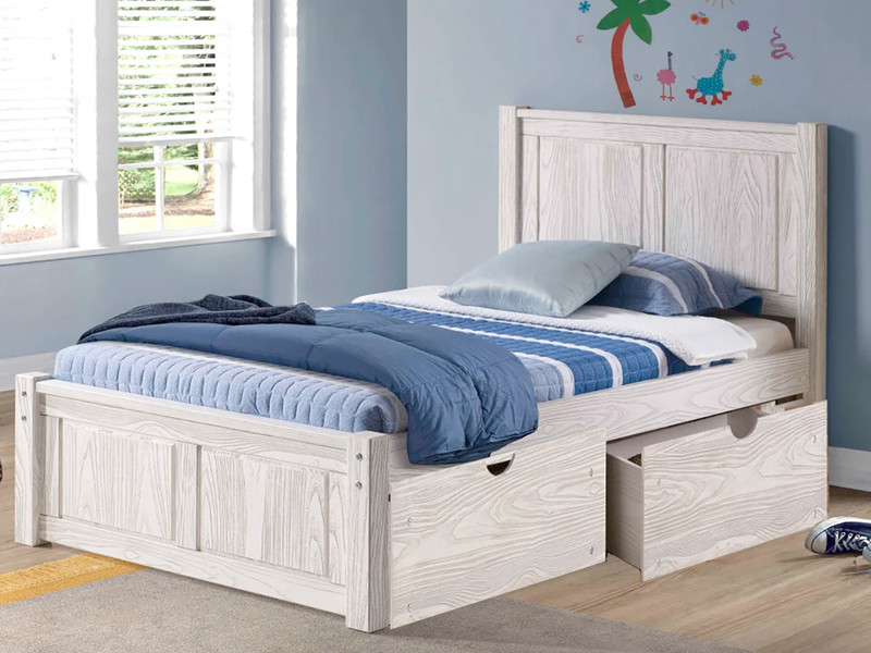 Rustic Pine Platform Bed w/Drawers, Twin - White Birch Finish