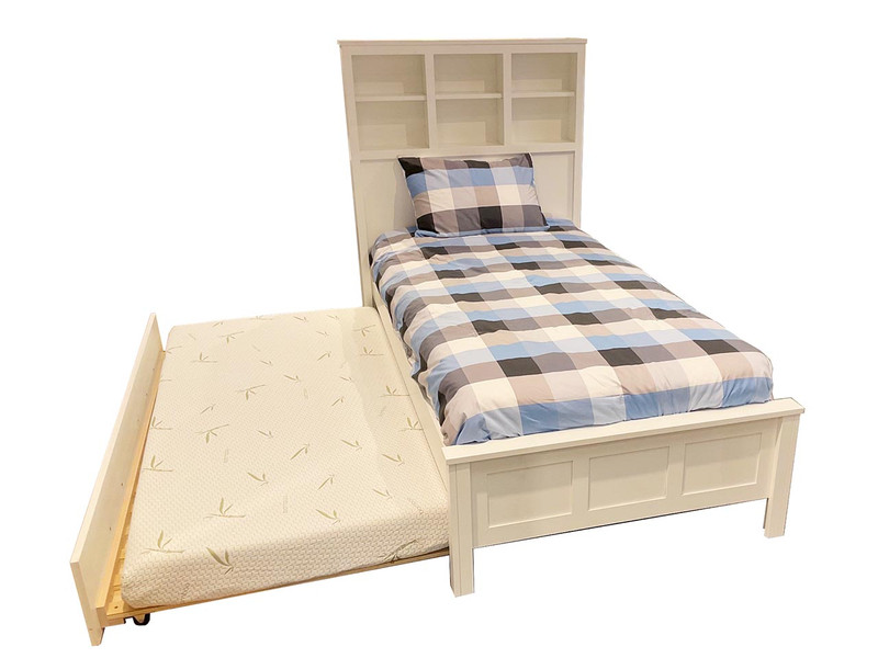 Exeter Style Bed w/Slatted Trundle, Bookcase Headboard, Fancy Footboard, Twin  - Floor Sample