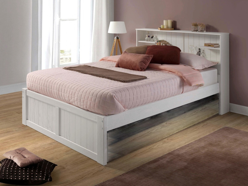 Rustic Pine Bookcase Platform Bed, Full - White Brushed Finish