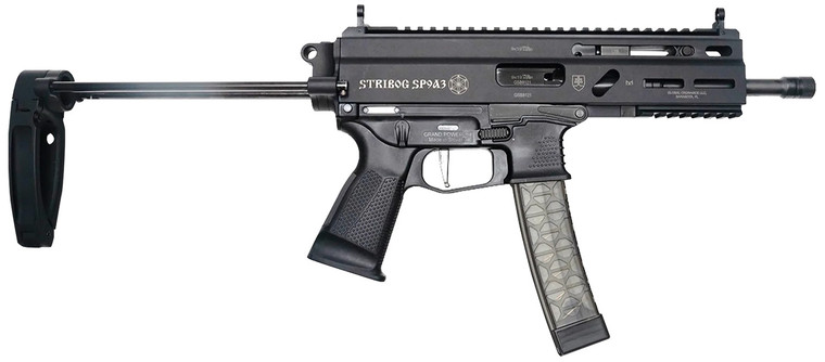 Grand Power Stribog SP9A3 9mm Luger with PDW Tailhook Brace - 8-inch Barrel, Black Polymer Stock