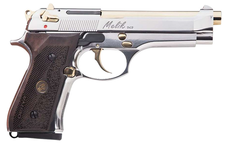 Derya Firearms Melik 9mm Luger Pistol with 4.9-inch Barrel, Black Aluminum Frame, and Gold TiN Steel Finish