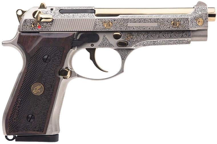 DERYA Firearms Melik 9mm Pistol with Nickel Engraved Frame, 4.9 Inch Barrel, 10+1 Capacity