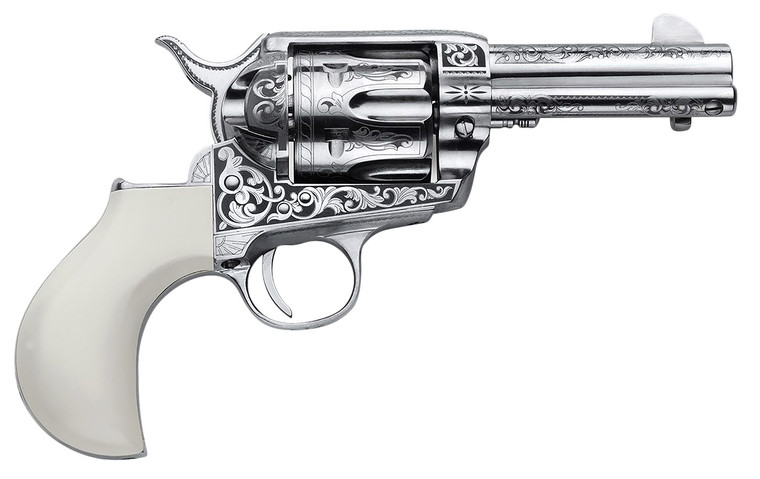 Cimarron Huckleberry .45 Colt Revolver with Nickel Finish and Engraved Details - Part Number PP346HUCKENG Cimarron Huckleberry .45 Colt Revolver with Nickel Finish and Engraved Details - Part Number PP346HUCKENG