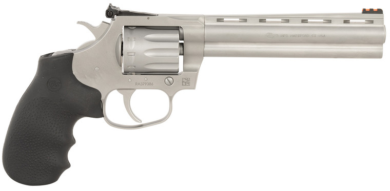 Colt Mfg King Cobra Target .22 LR revolver with 6-inch matte stainless steel barrel and Hogue overmolded grips Colt Mfg King Cobra Target .22 LR revolver with 6-inch matte stainless steel barrel and Hogue overmolded grips