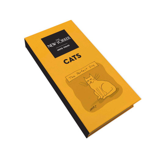 Product photo of the note folio, showcasing the New Yorker logo, and a cat cartoon with writing that says, "the perfect dog"