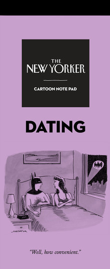 Product photo of the notepad, features the New Yorker Logo,  the word dating, and a cartoon