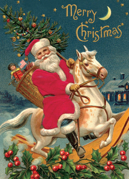 Santa Rocking Horse - Vintage Christmas Card - NLSVX001