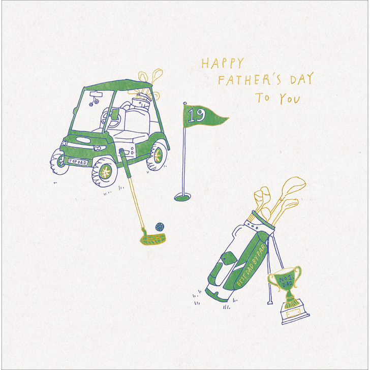 Father's Day card featuring golf cart, putter, and 'Best Dad By Par' joke for dads who love golf.