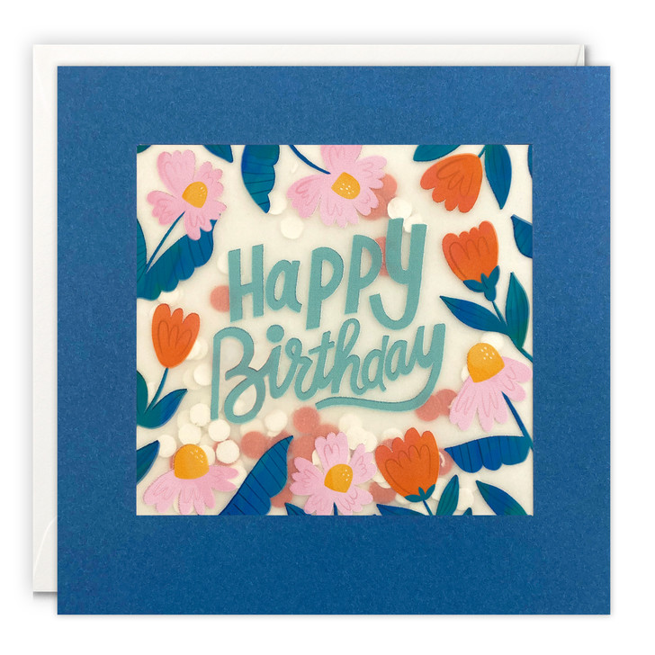 BLUE AND ORANGE FLOWERS BIRTHDAY - 5 x 7" PAPER SHAKIES CARD