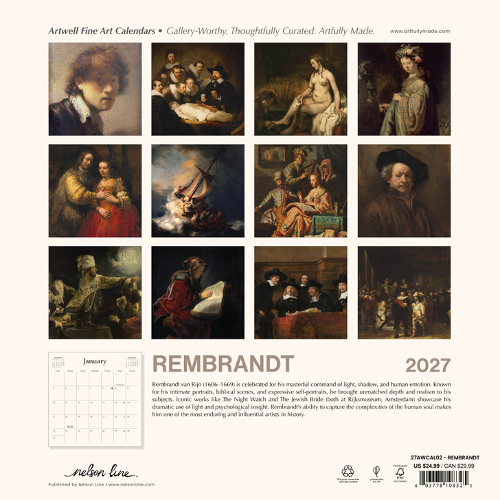 REMBRANDT 12 x 12 ARTWELL CALENDAR