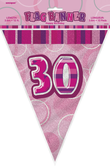 GLITZ PINK 30th FLAG BANNER 3.65m (12') Code 55294