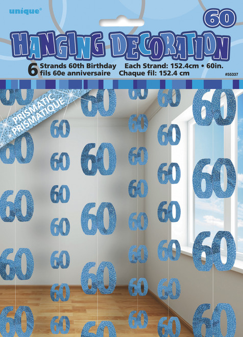 GLITZ BLUE 6 HANGING DECORATIONS 1.5m "60th" Code 55337