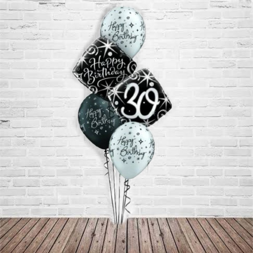 2 x Silver & 1 x Black Printed Happy Birthday Latex Balloons,
1 X Happy Birthday Foil, 1 x Number Foil