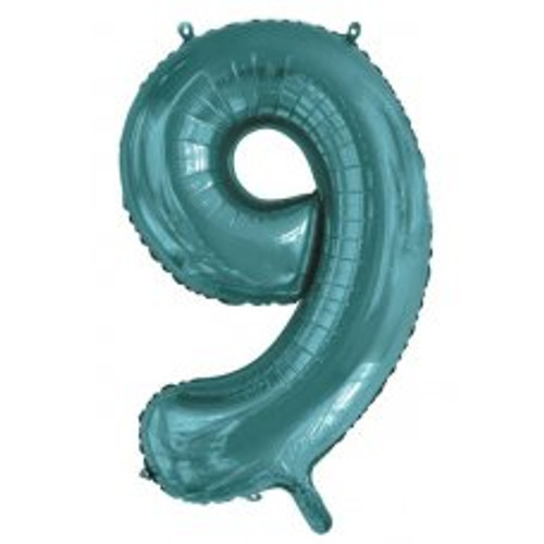 213819 9 NUMERAL TEAL FOIL BALLOON 87CM/34 INCH . INC HELIUM, WEIGHT, RIBBON
