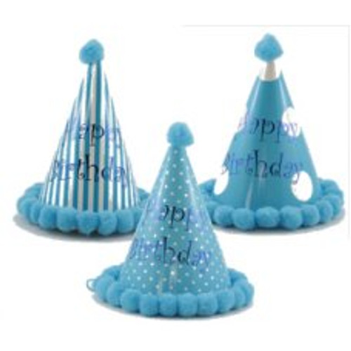 POMPOM HATS HAPPY BIRTHDAY BLUE PACK 6