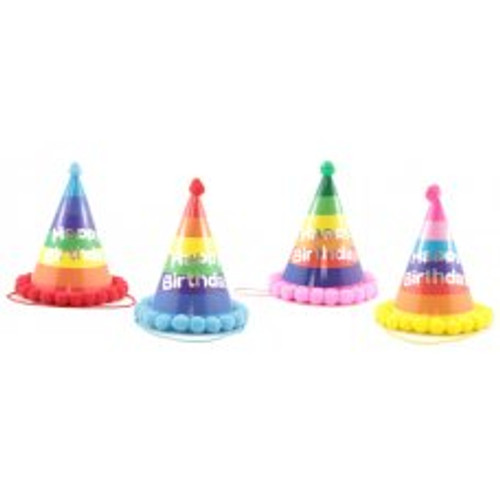 POMPOM HATS HAPPY BIRTHDAY ASSORTED STRIPES