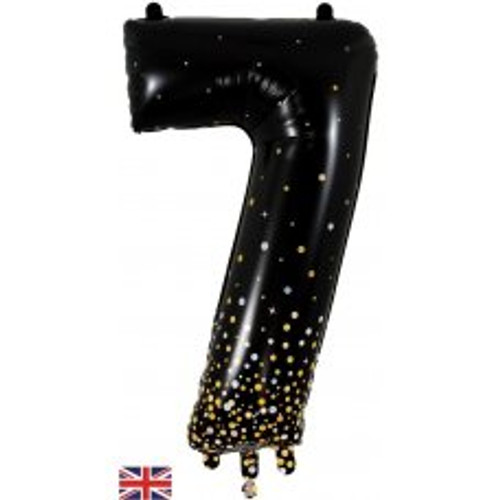 NUMERAL SPARKLING FIZZ BLACK  7 FOIL BALLOON 87CM/34". HELIUM INFLATED, RIBBON AND WEIGHT