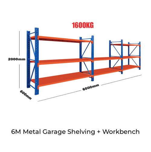 6M Metal Garage Shelving + Workbench - Blue & Orange