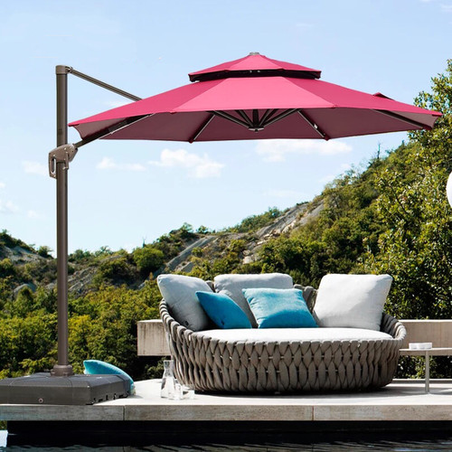 Seville Octagonal Outdoor Cantilever Umbrella with Base - Red