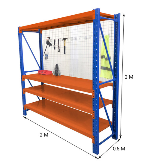 2m workbench shelving Blue & Orange set with 2m mash net