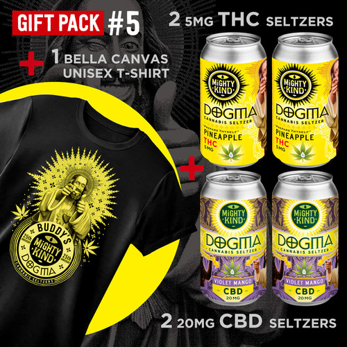 This Mighty Kind gift pack features two 5mg THC Pineapple Unsweetened Seltzers and two 20mg CBD Violet Mango Unsweetened Seltzers and a Bella Canvas t-shirt. The products feature a collaboration with film director Kevin Smith. The cans and t-shirt feature Buddy Christ!
