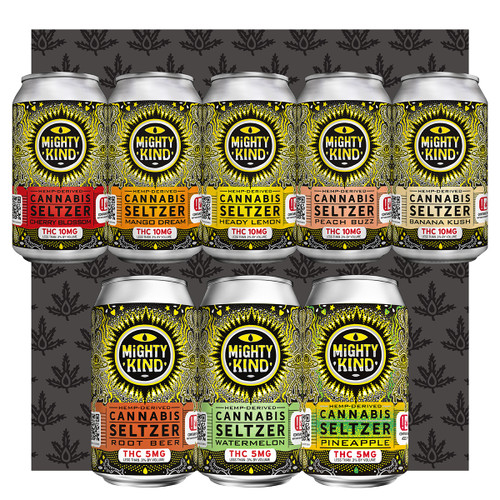 Mighty Kind's ultimate THC pack is a great way to stock up on hemp derived beverages! Each seltzer is unsweetened and contains zero sugar. The pack includes 6 cases and is a variety pack of several different THC infused seltzers!