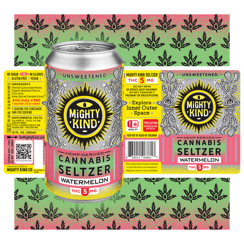 Mighty Kind's 5mg watermelon hemp derived cannabis infused seltzer is unsweetened and contains 5mg of THC and zero sugar!
