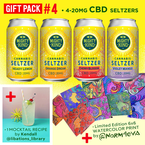 The Mighty Kind Artist Series CBD gift pack contains four Mighty Kind 20mg CBD cannabis seltzers: violet mango, heady lemon, cherry blossom, and orange dream flavors. It also includes one mocktail recipe and one limited edition watercolor print created by St. Louis Artist Norm4eva!