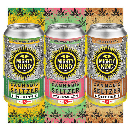 Mighty KInd's 5mg THC Mix Pack contains three flavors of unsweetened cannabis seltzer: pineapple 5mg THC, watermelon 5mg THC, root beer 5mg THC!