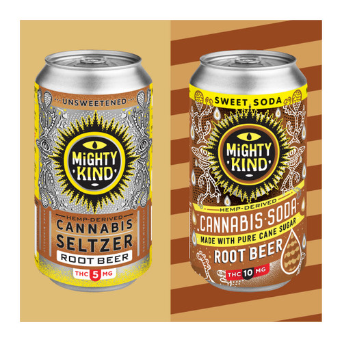 The Mighty Kind Root Beer Duo contains both 5mg THC Root Beer unsweetened cannabis seltzer, and 10mg THC Root Beer Craft Soda sweetened with cane sugar!